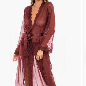 Ùpdate Paris Long Sheer Deep Burgundy Lace Edged Satin Tie Robe